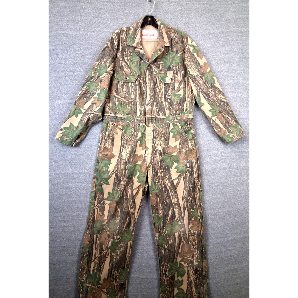 Vintage Winchester Mens Coveralls XL Green Leaf Trebark Pattern Camo Hunting